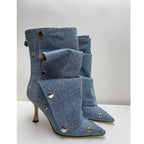 High-heeled Pointed-toe Denim Patchwork Ankle Boots With Metal Studs