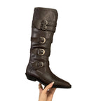 Maillard Brown Pointed-Toe Chunky Heel Boots - Belt Buckle Detail