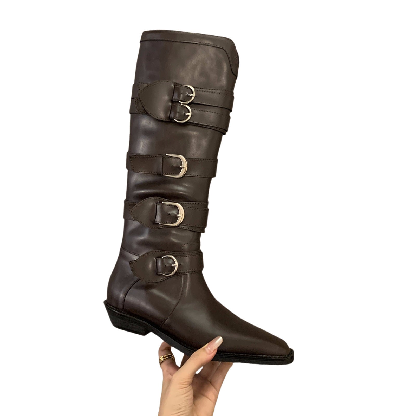Maillard Brown Pointed-Toe Chunky Heel Boots - Belt Buckle Detail