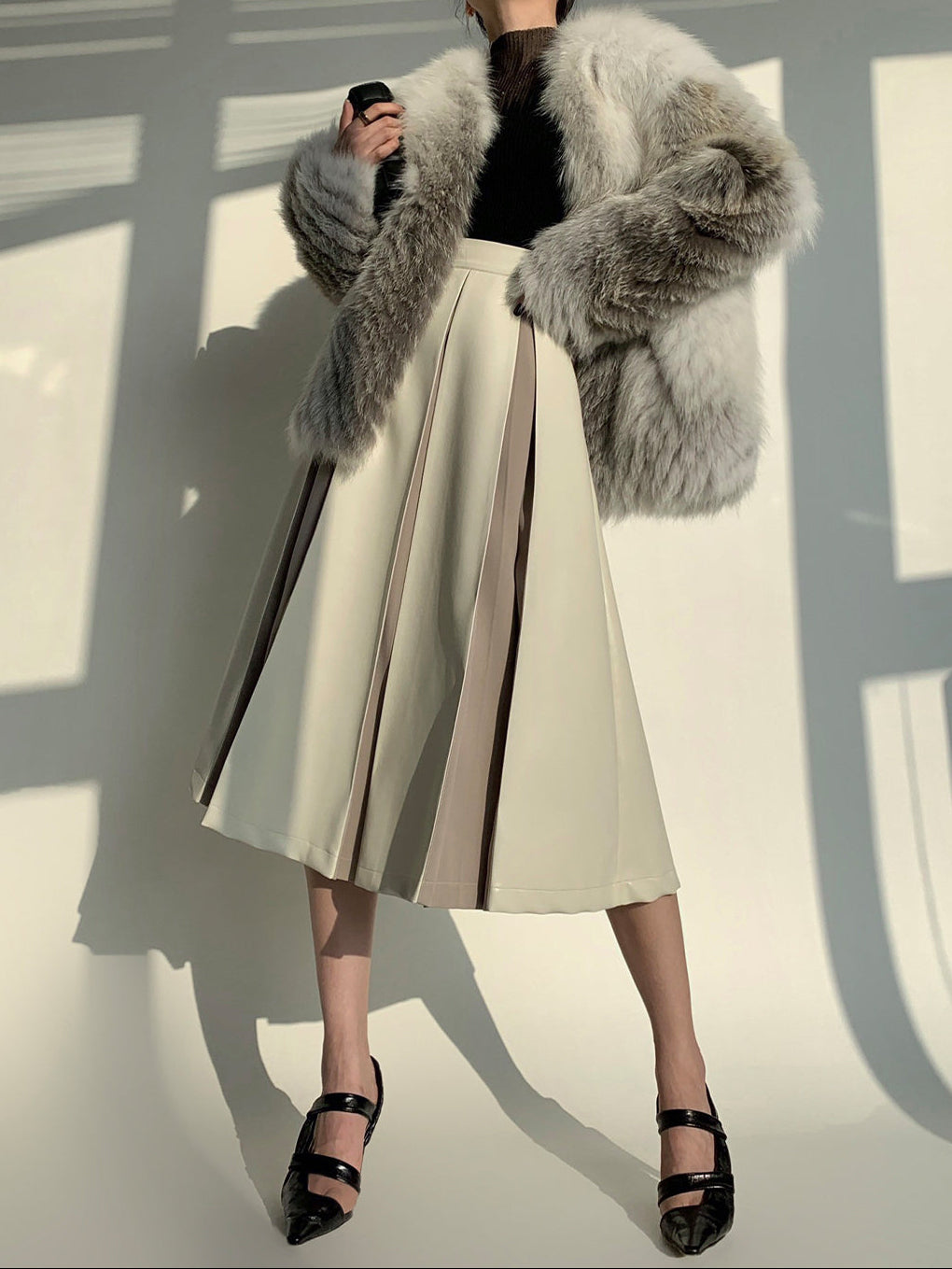 Stitching Pleated Skirt Women's PU Leather Autumn And Winter