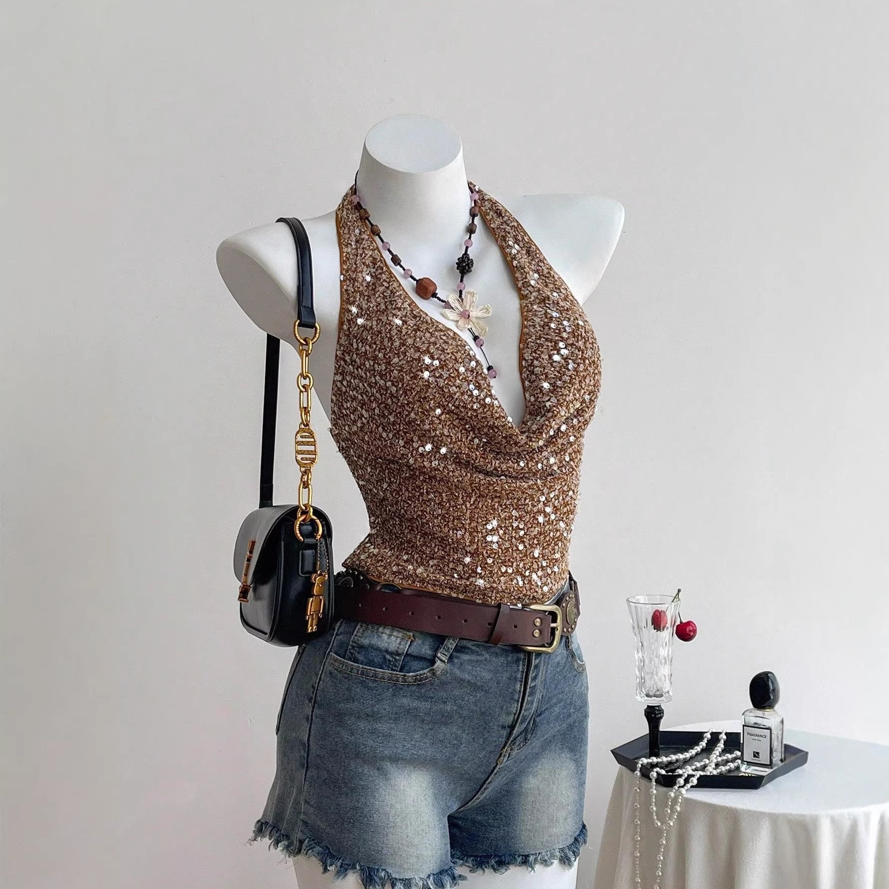 Fashionable Sassy Halter-style Camisole With A Sheer Ruffled Design