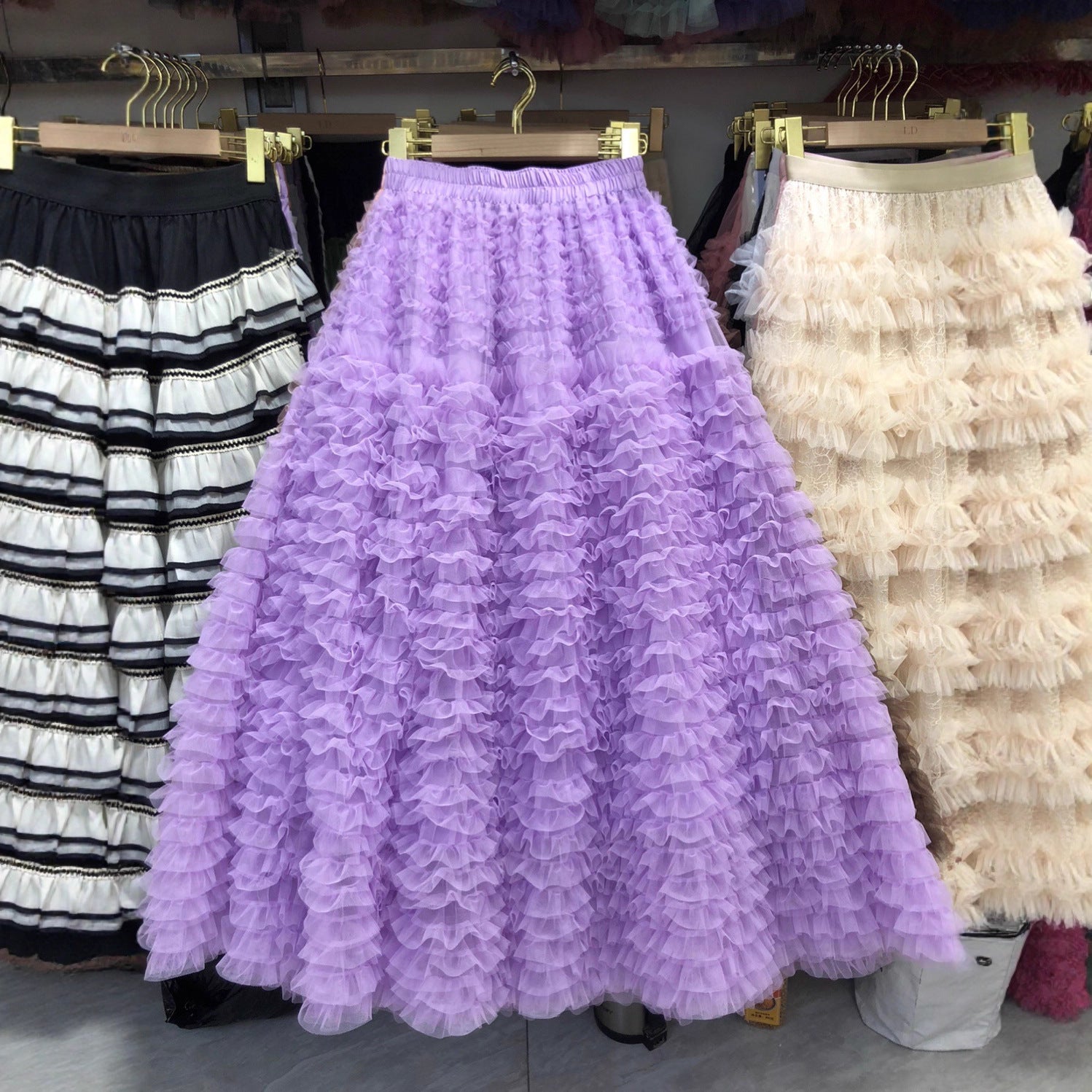 New Colorful Sweet Age-reducing Pleated Solid-color Mesh Midi Puff Skirt