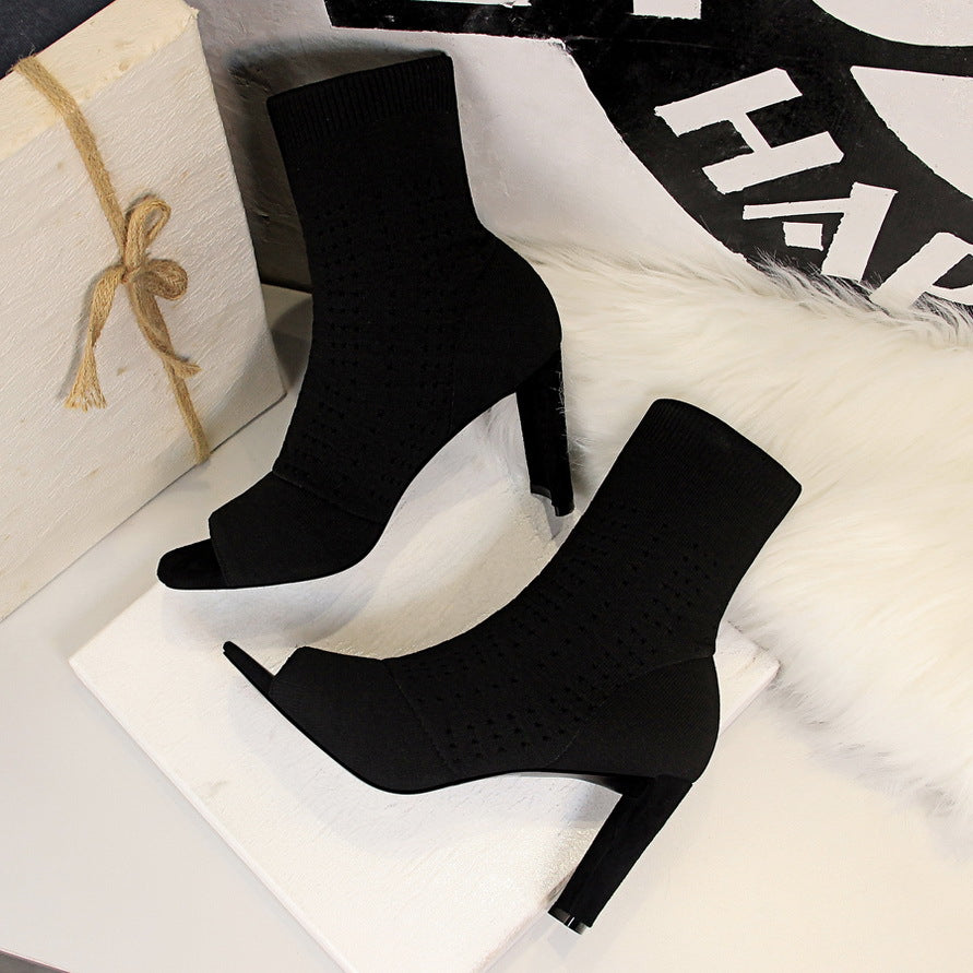 Square Fish Mouth Toe Skinny Middle Tube Knitted Ankle Boots