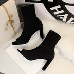 Square Fish Mouth Toe Skinny Middle Tube Knitted Ankle Boots
