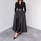 Womens Solid-Color V-Neck French-Style Elegant Long-Sleeve Dress