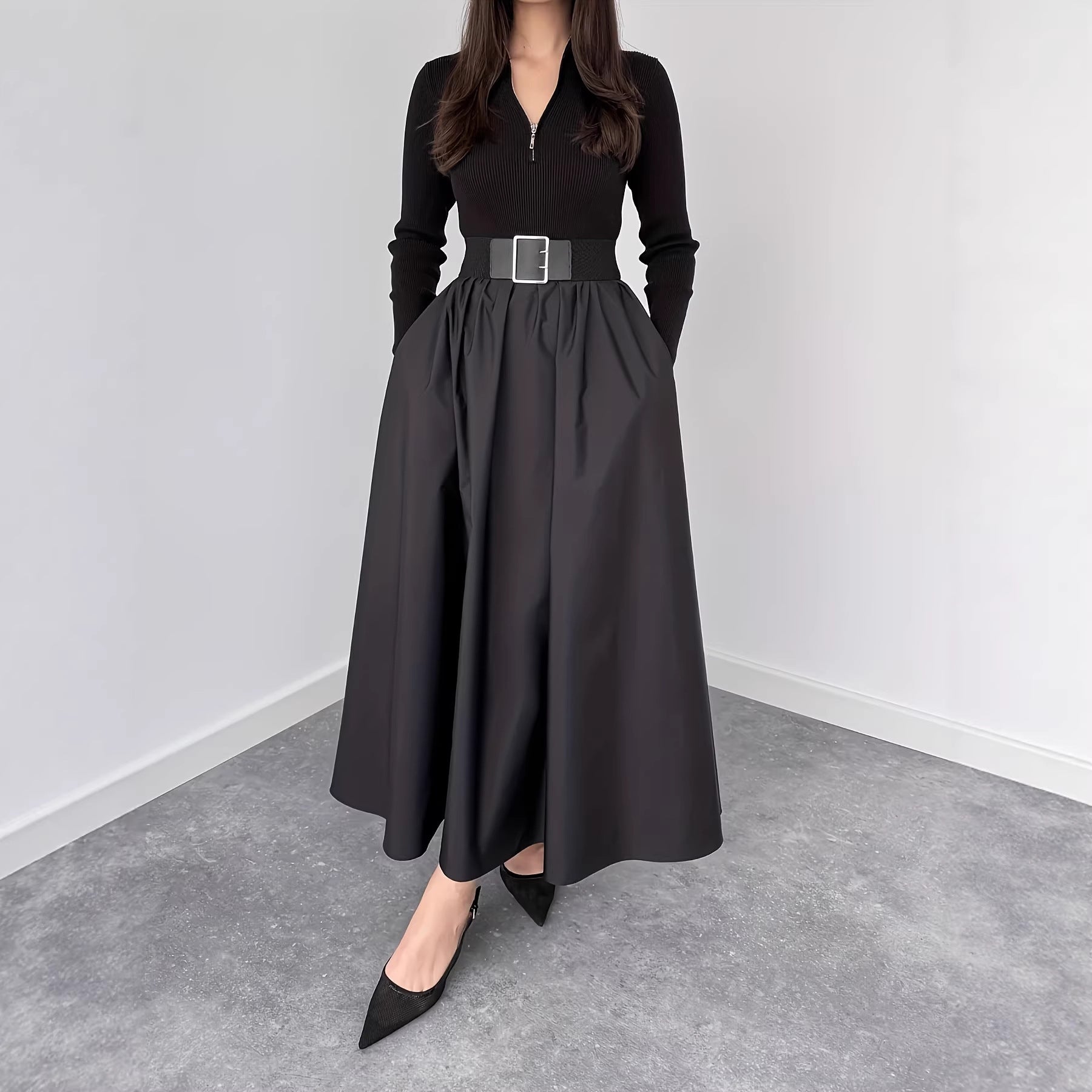 Womens Solid-Color V-Neck French-Style Elegant Long-Sleeve Dress