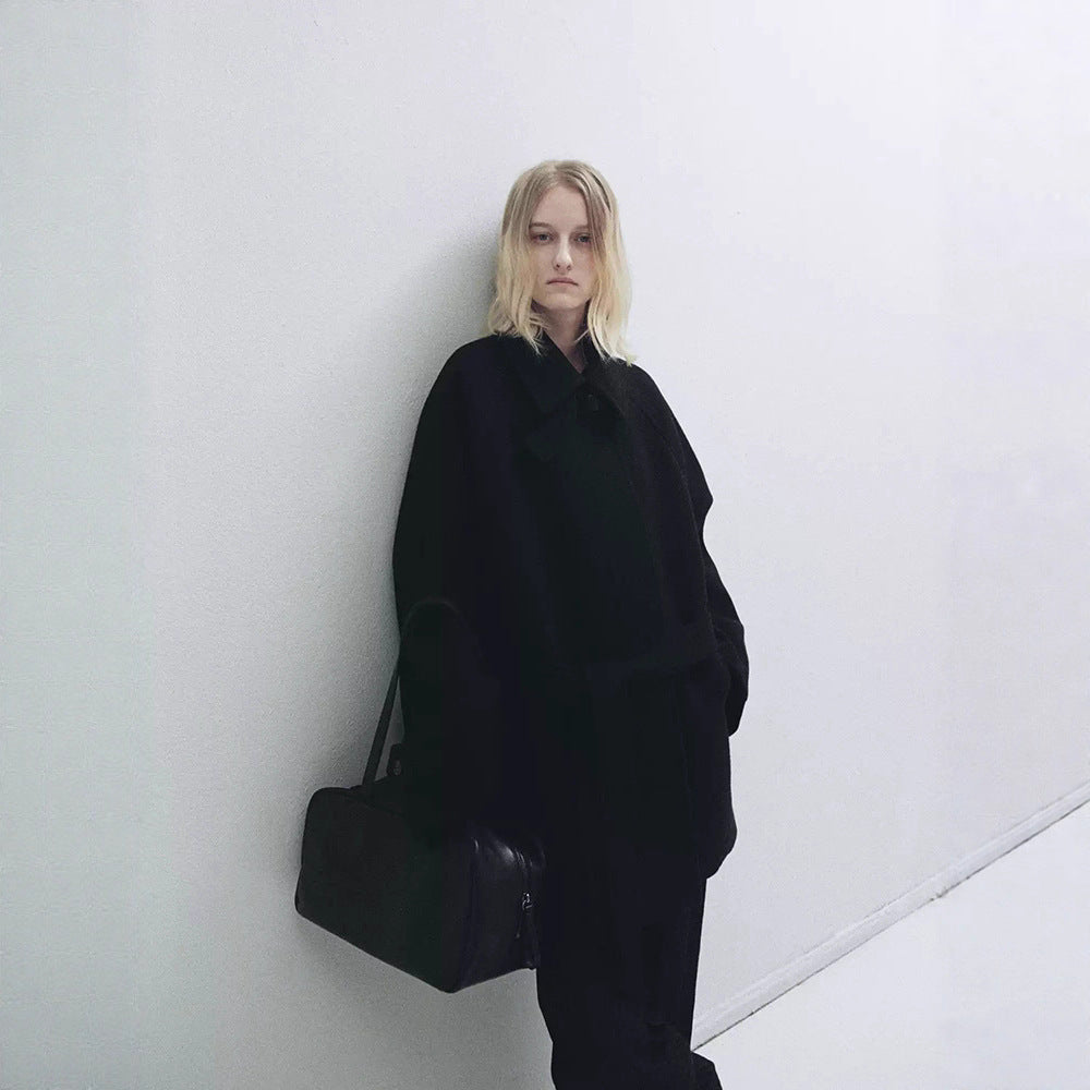 Elegant loose-fitting belted mid-length stand collar coat