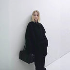 Elegant loose-fitting belted mid-length stand collar coat