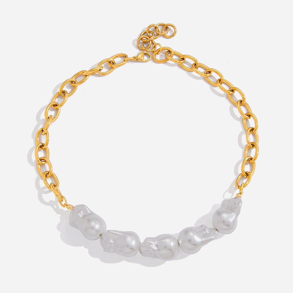 Elegant 18K Gold Stainless Steel Baroque Pearl Necklace