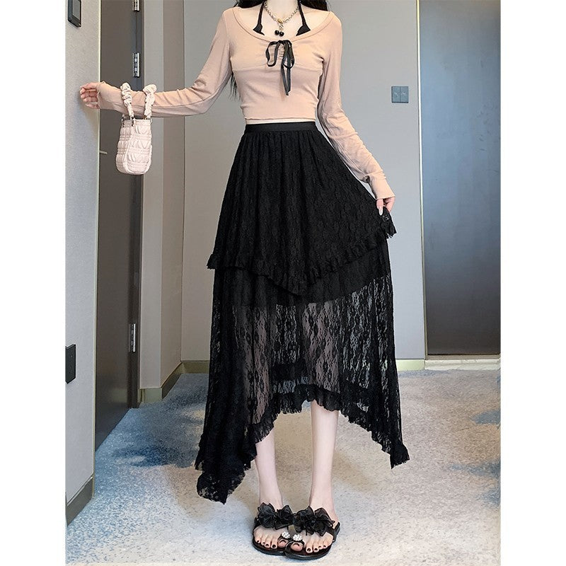 High-waisted Figure-flattering Irregular-design Lace Tiered Skirt