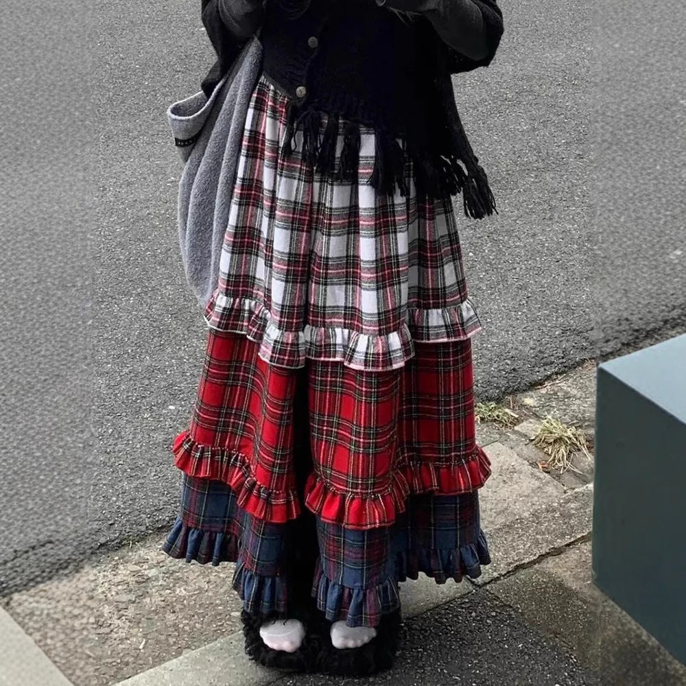 American-style Retro Lace Color Matching Gradient Skirt Women's All-match Casual