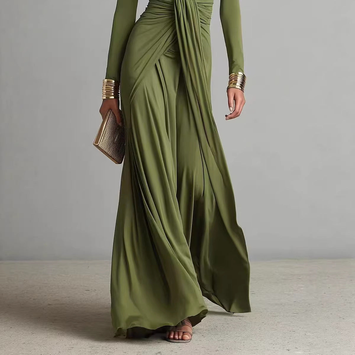 Solid-color Textured Long-sleeve Elegant French-style Dress