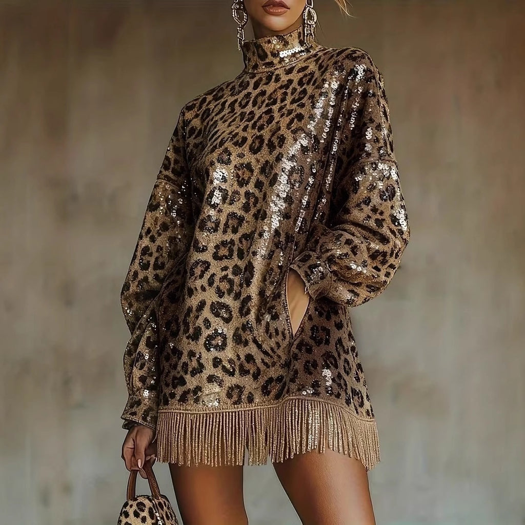 Metallic Brown Sequin High Neck Long Sleeve Tassel Design Cropped Dress With A Leopard Print