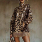 Metallic Brown Sequin High Neck Long Sleeve Tassel Design Cropped Dress With A Leopard Print