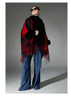Jacquard Christmas Red Fur Collar Geometric Tassel Shawl