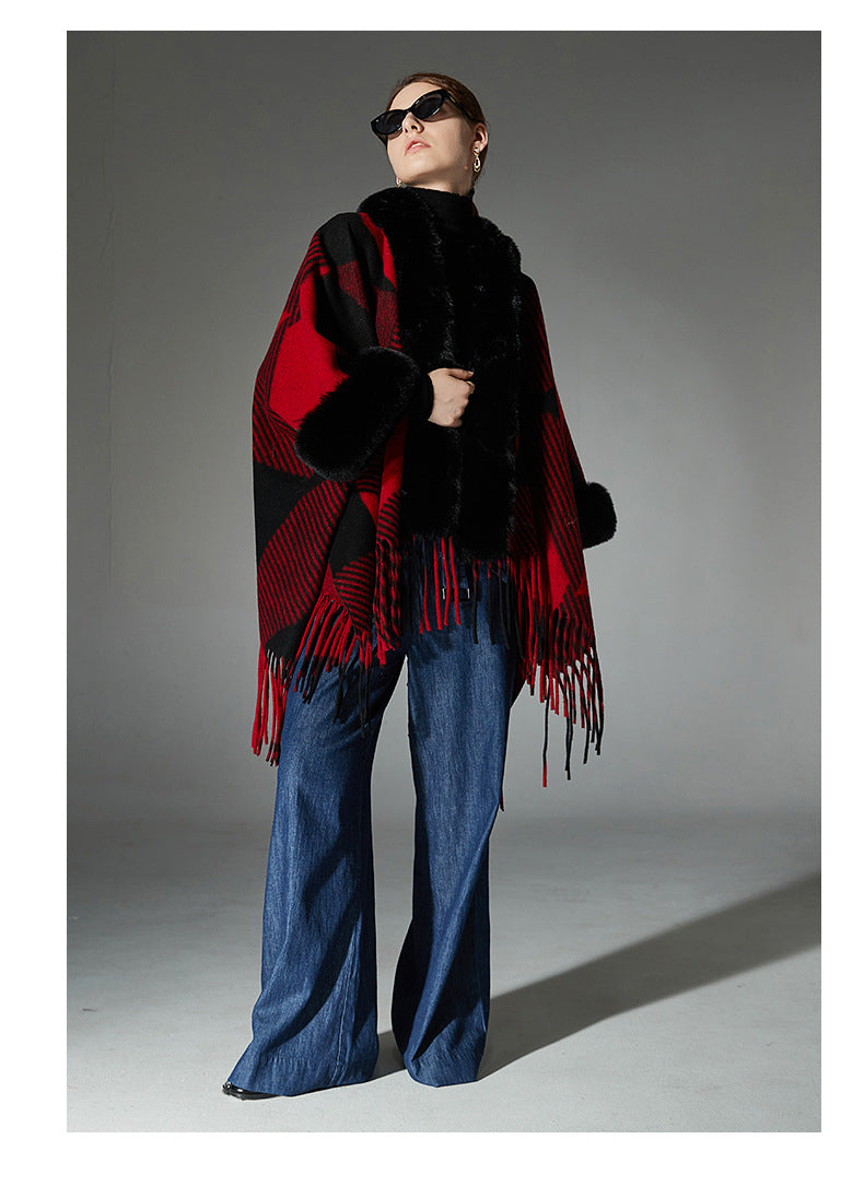 Jacquard Christmas Red Fur Collar Geometric Tassel Shawl