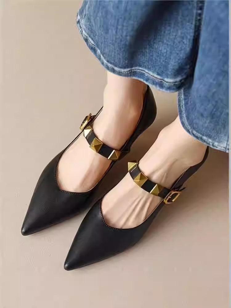 Pointed-Toe Studded Flats - Edgy Rivet Detail Low Heel Shoes