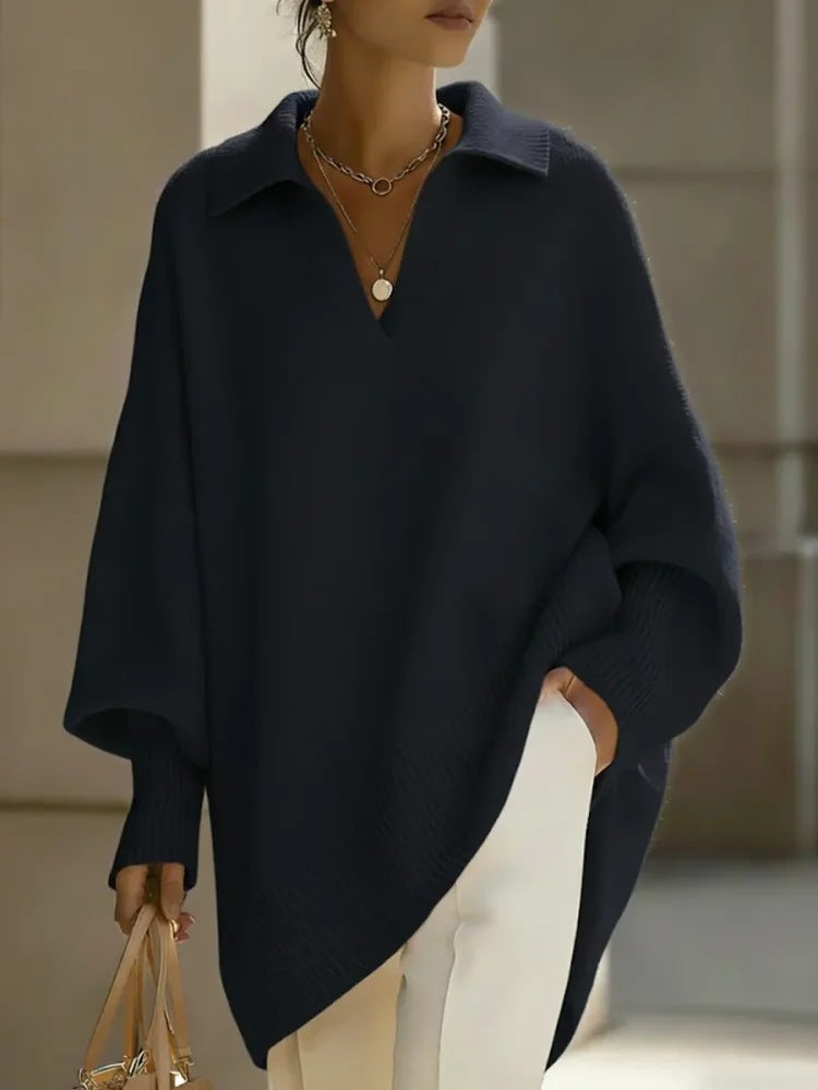 Lapel-collar Loose-fit Solid-color Sweater With Lantern Sleeves