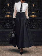 Black & White Oversized Shoulder Shirt & High-Waisted Maxi Skirt Set