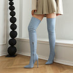 Denim Stretch Over-the-Knee Boots - Pointed Toe High Heel