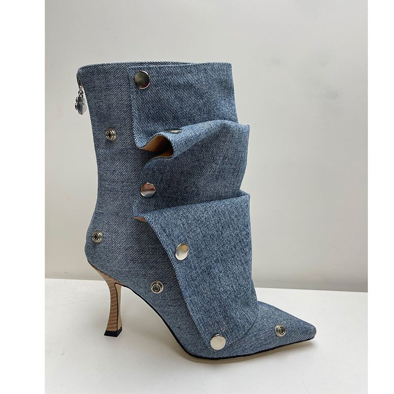High-heeled Pointed-toe Denim Patchwork Ankle Boots With Metal Studs