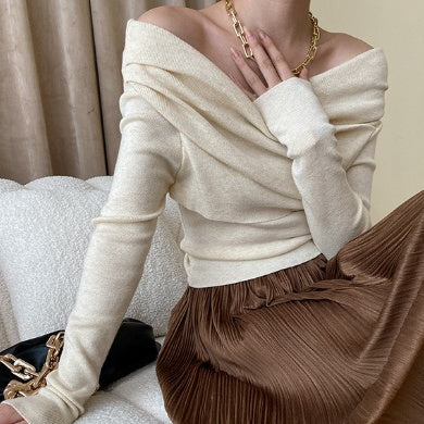 Womens Irregular French-Style Off-the-Shoulder Knit Top