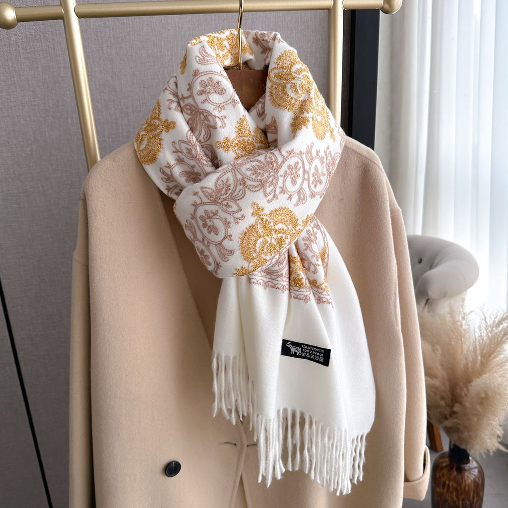 Ethnic Style Plant Totem Cashmere-like Embroidered Warm Scarf