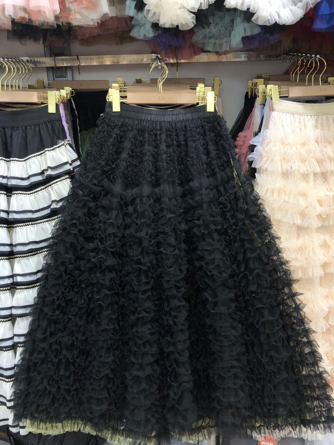 New Colorful Sweet Age-reducing Pleated Solid-color Mesh Midi Puff Skirt