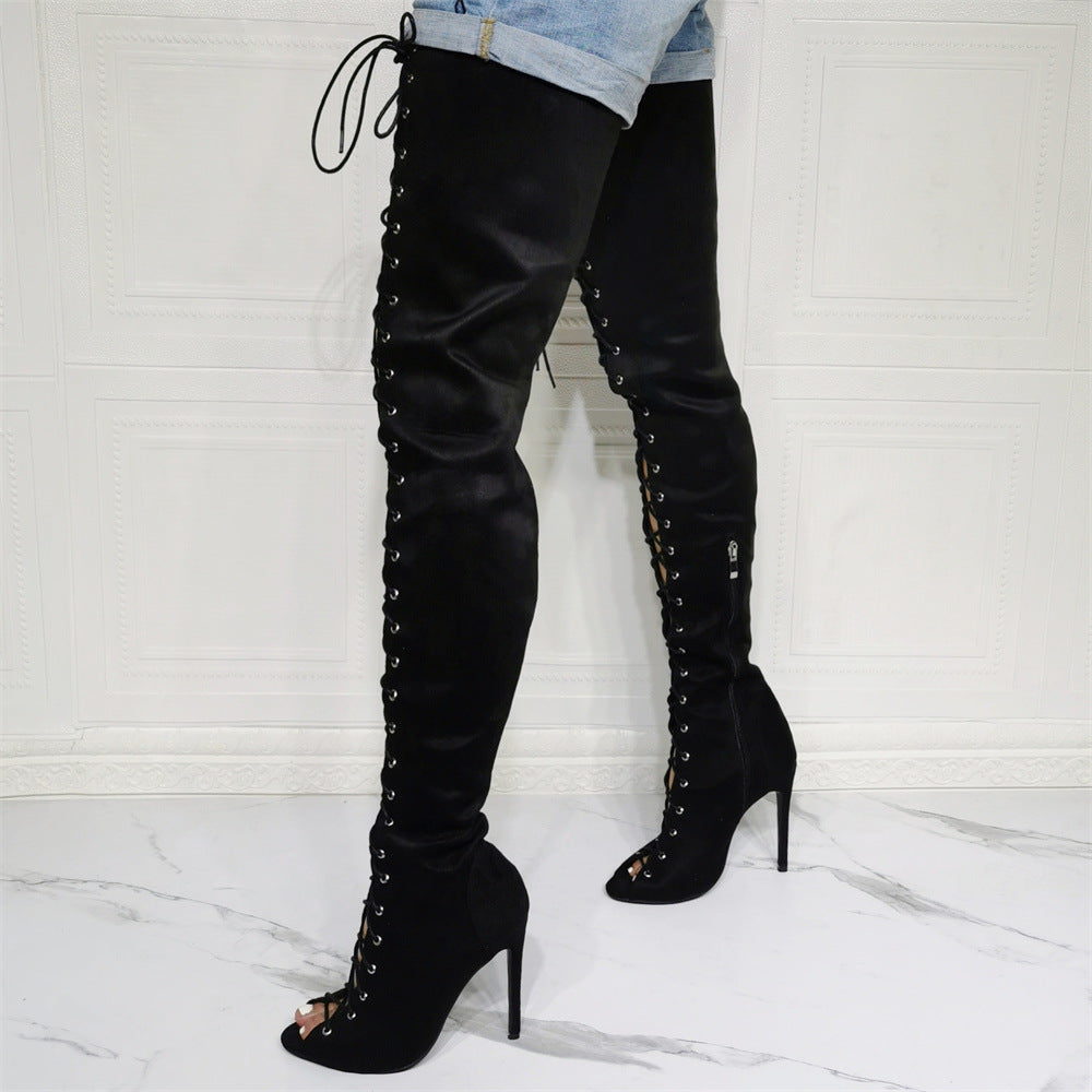Sexy Peep-Toe Lace-Up Stiletto Boots - European Style Plus Size