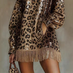 Metallic Brown Sequin High Neck Long Sleeve Tassel Design Cropped Dress With A Leopard Print