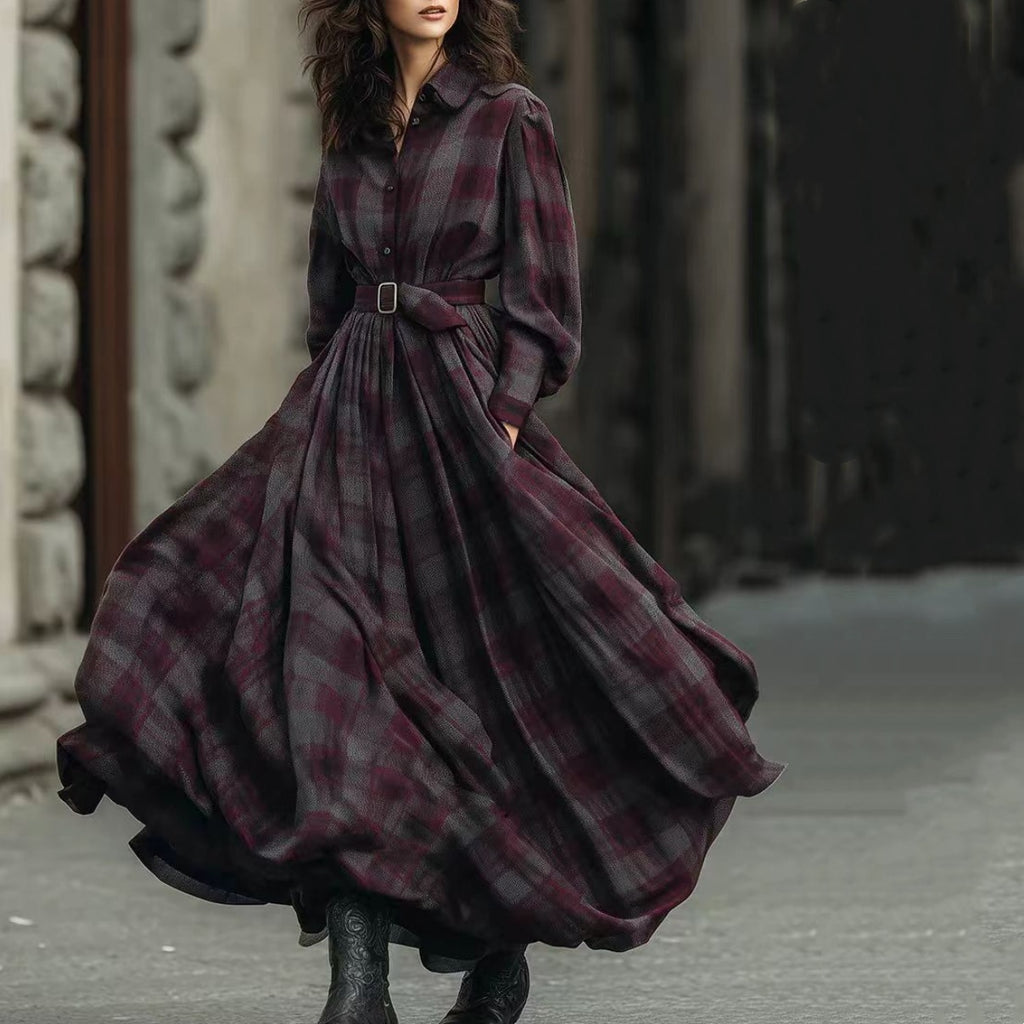 Retro Womens Plaid Long-Sleeve Lapel Dress