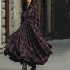 Retro Womens Plaid Long-Sleeve Lapel Dress