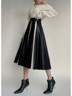 Stitching Pleated Skirt Women's PU Leather Autumn And Winter