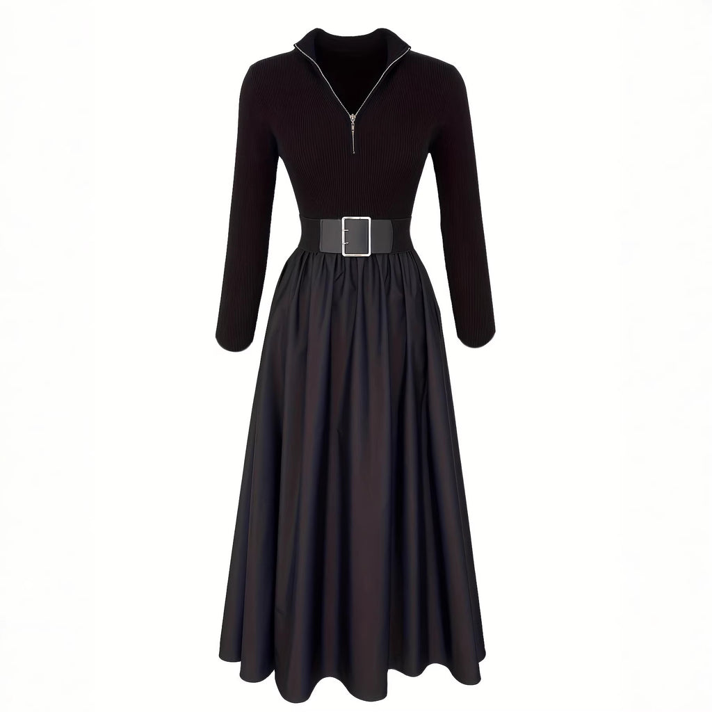 Womens Solid-Color V-Neck French-Style Elegant Long-Sleeve Dress
