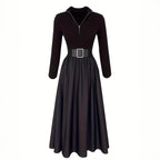 Womens Solid-Color V-Neck French-Style Elegant Long-Sleeve Dress