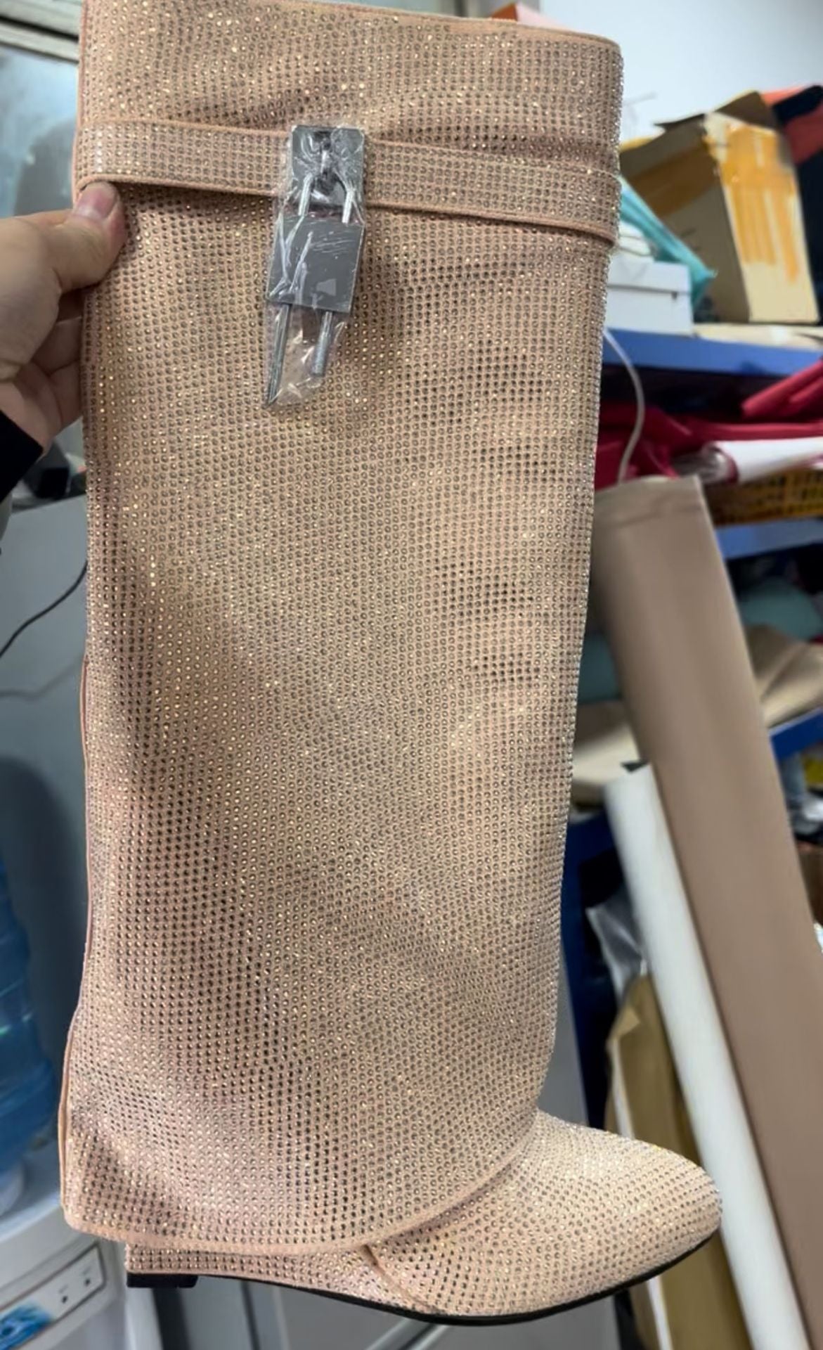 Round Toe Wedge Super High Heel Plus Rhinestone Lock Shark Buckle Knee-high Boots