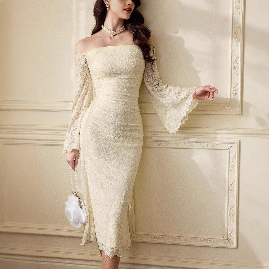 European And American-style Off-neck Lace Bell Sleeve Wooden Ear Slim-fit Long Dress