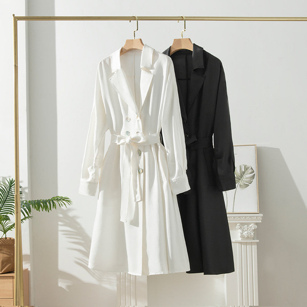 Women's Over-the-knee Mid-length Trench Coat With Silk Waist