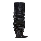Catwalk Pleated Over-the-knee Boots Female Pointed Toe Wedge High-heel Boots