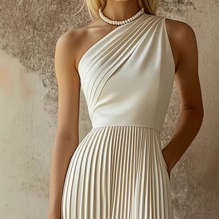 Womens White Pleated Sleeveless Dress