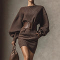 Luxe Knit Belted Mini Dress – Sculpt Fit & Statement Sleeves