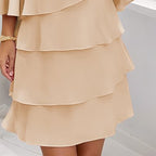 Women's Long Sleeve Crew Neck Tiered Layered Midi Dress , Asymmetrical Hem A-Line Short Elegant Party Dress