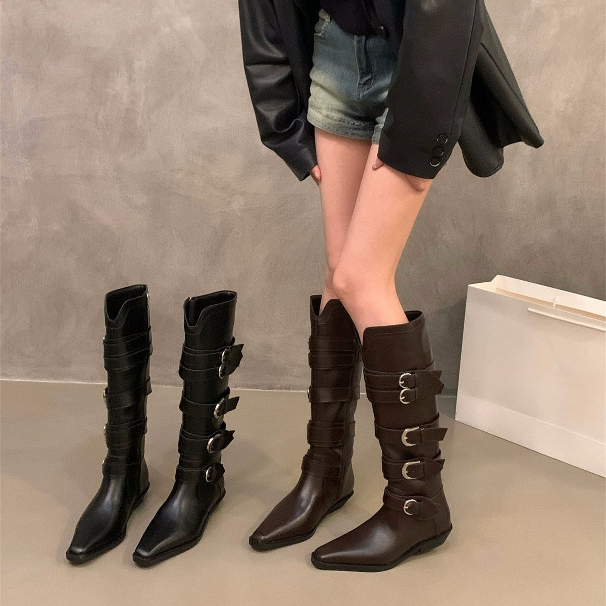 Maillard Brown Pointed-Toe Chunky Heel Boots - Belt Buckle Detail