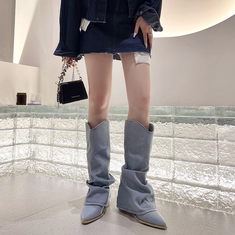 Retro Denim Blue Knight Boots - Tall Pointed-Toe Chunky Heel