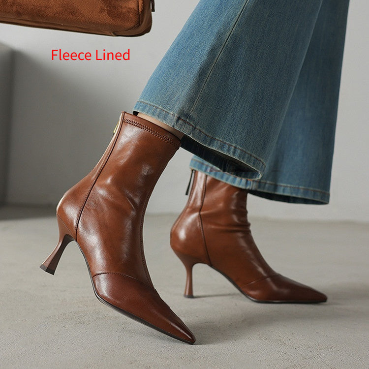Korean Style Cowhide Stiletto Ankle Boots - Pointed Toe Back Zipper