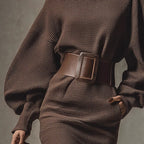 Luxe Knit Belted Mini Dress – Sculpt Fit & Statement Sleeves