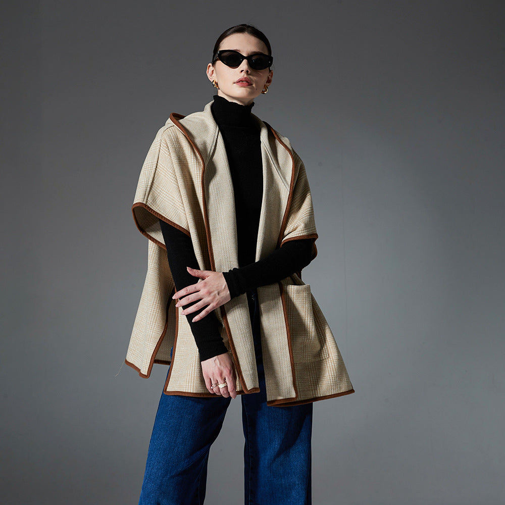 New Double-faced Woolen Goods Plaid Hooded Shawl