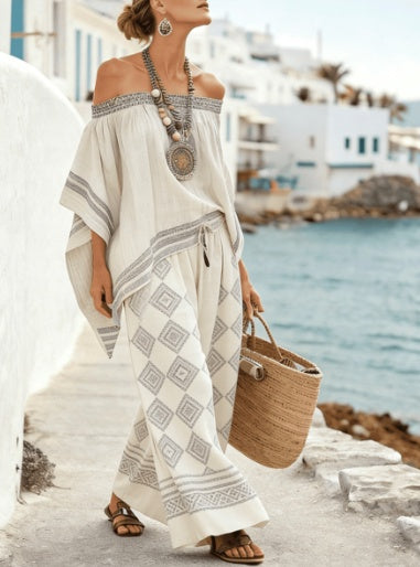 Bohemian Style Off-the-shoulder Batwing Sleeve Top  Wide-leg Pants Vacation Two-piece Set