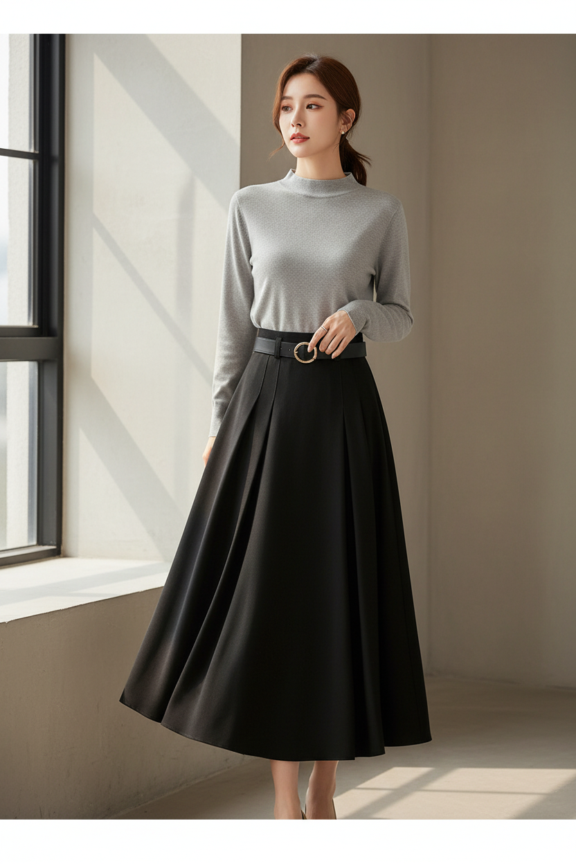 Black Skirt Gray Top