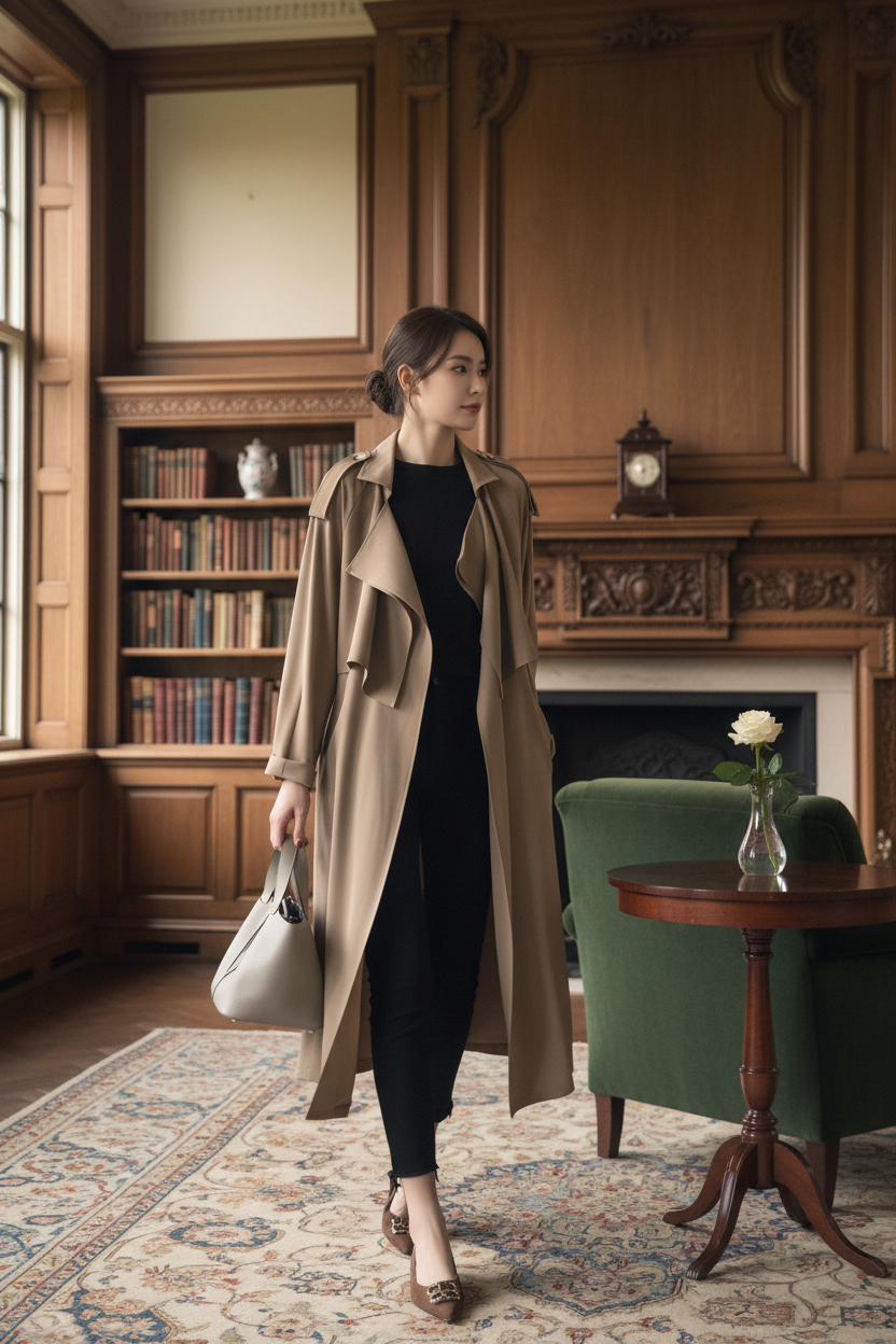 British trench coat in manor setting